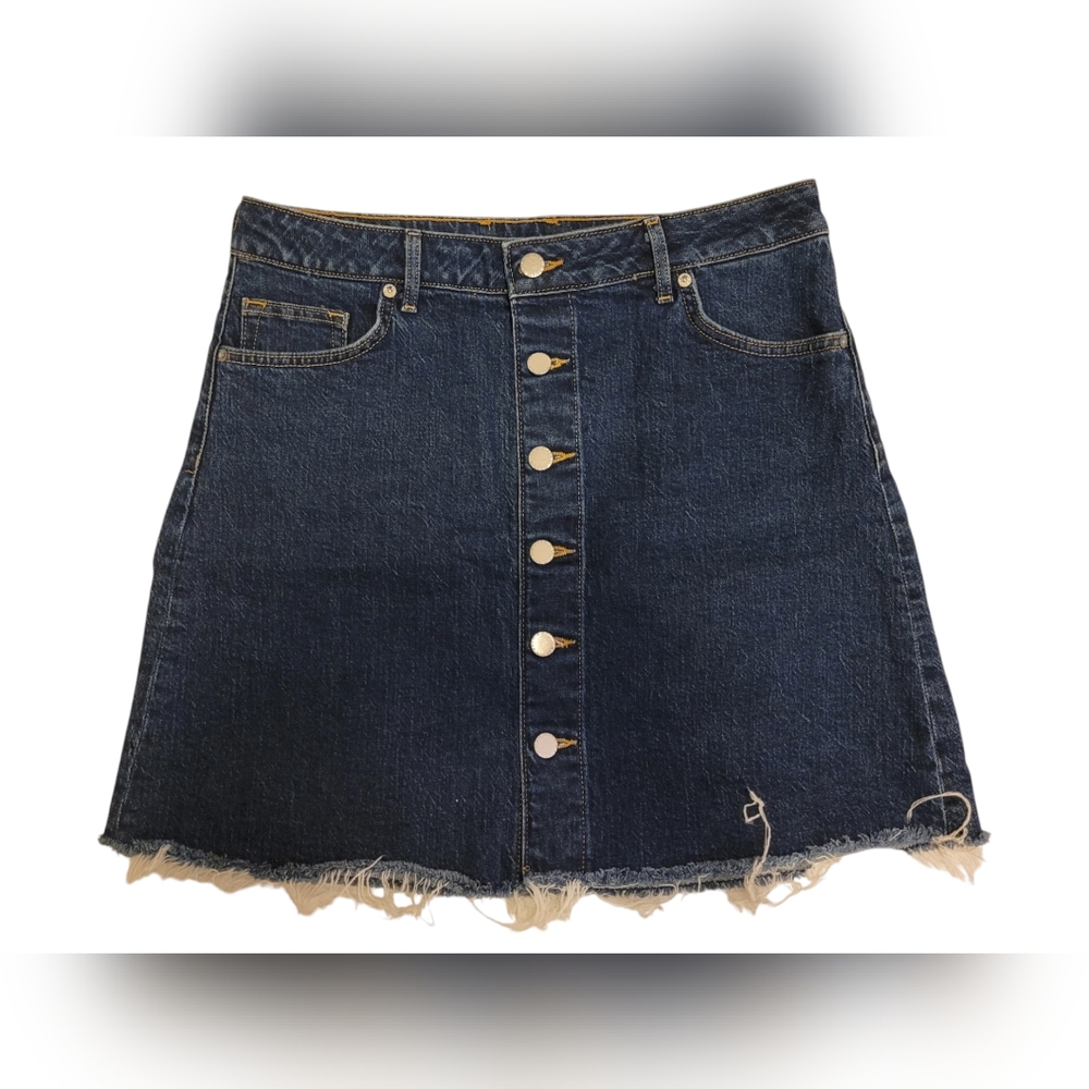 H&M Mini Denim Jean Skirt Blue Button Front Frayed Hem, Size 10